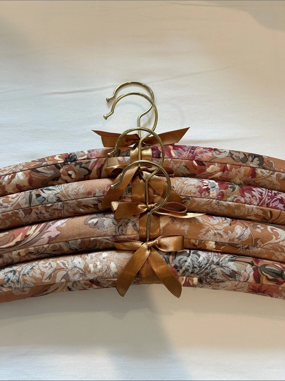 Set of 4 Padded Floral Fabric Hangers in Warm Tan/Brown